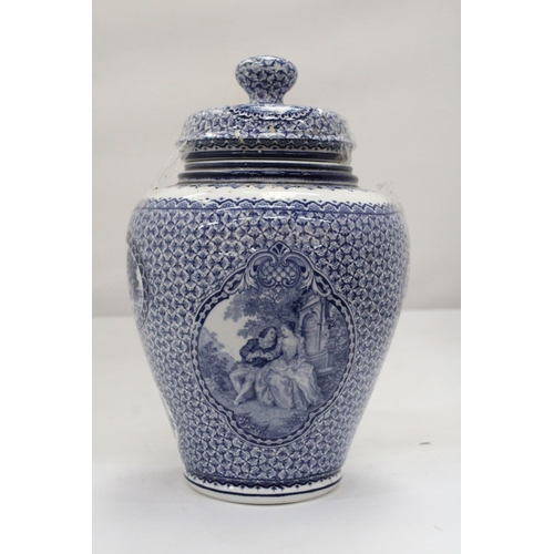 193 - A VINTAGE BLUE AND WHITE LIDDED POT, MARKED 'LOUIS XVI' TO THE BASE, HEIGHT 25CM