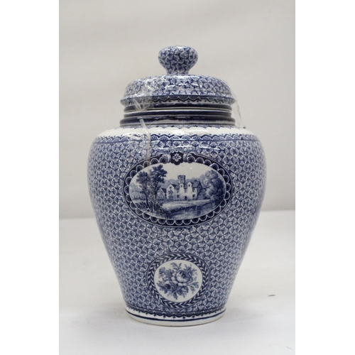 193 - A VINTAGE BLUE AND WHITE LIDDED POT, MARKED 'LOUIS XVI' TO THE BASE, HEIGHT 25CM