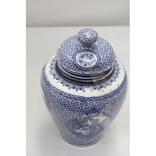 193 - A VINTAGE BLUE AND WHITE LIDDED POT, MARKED 'LOUIS XVI' TO THE BASE, HEIGHT 25CM