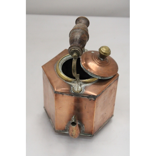 197 - A CHRISTOPHER DRESSER STYLE HEXAGONAL COPPER TEAPOT