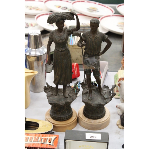 200 - TWO VINTAGE METAL FIGURES OF FARMERS ON LATER WOODEN PLINTHS, HEIGHT APPROX 36CM