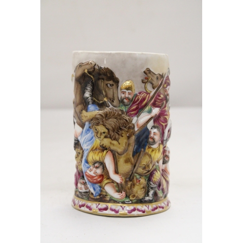 201 - AN ANTIQUE PORCELAIN CAPODIMONTE RELIEF SCENE TANKARD