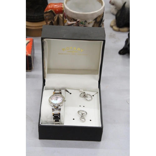 202 - A ROTARY LADIES WRISTWATCH WITH MOTHER OF PEARL FACE AND METAL STRAP, TOGETHER WITH A PAIR OF EARRIN... 