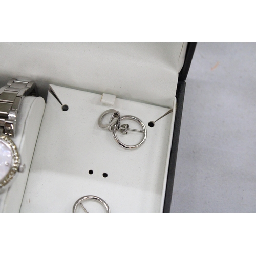 202 - A ROTARY LADIES WRISTWATCH WITH MOTHER OF PEARL FACE AND METAL STRAP, TOGETHER WITH A PAIR OF EARRIN... 