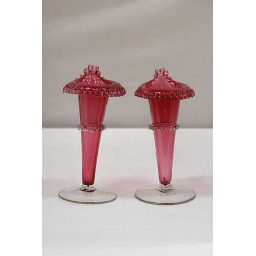 9 - A PAIR OF HAND BLOWN VICTORIAN CRANBERRY FRILLED AND FLUTED VASES - APPROX 26.5 CM