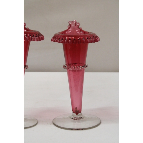 9 - A PAIR OF HAND BLOWN VICTORIAN CRANBERRY FRILLED AND FLUTED VASES - APPROX 26.5 CM