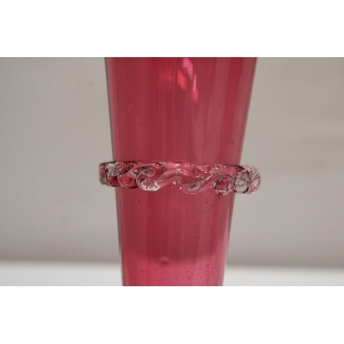 9 - A PAIR OF HAND BLOWN VICTORIAN CRANBERRY FRILLED AND FLUTED VASES - APPROX 26.5 CM