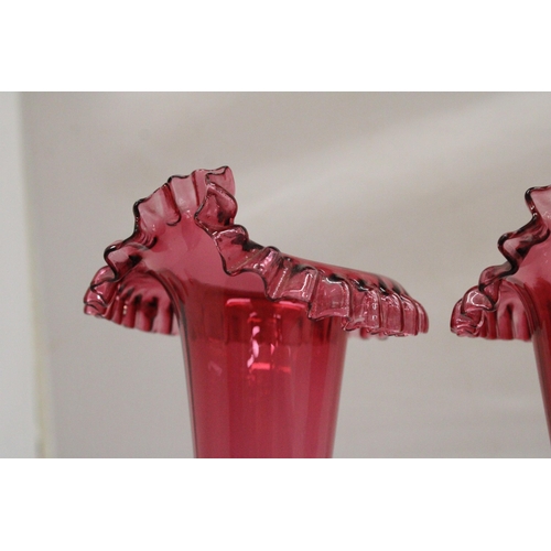 9 - A PAIR OF HAND BLOWN VICTORIAN CRANBERRY FRILLED AND FLUTED VASES - APPROX 26.5 CM