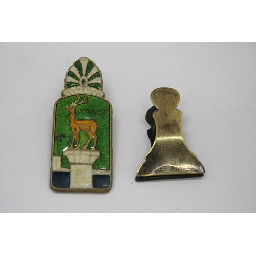 108 - TWO VINTAGE BRASS PAPERCLIPS, ONE ENAMELLED