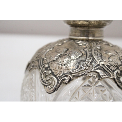 11 - A HALLMARKED BIRMINGHAM SILVER POSSIBLY VICTORIAN SCENT BOTTLE WITH ATTRACTIVE REPOUSSE SILVER DECOR... 