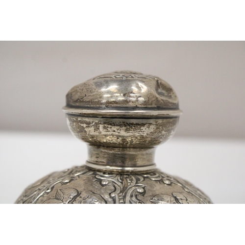 11 - A HALLMARKED BIRMINGHAM SILVER POSSIBLY VICTORIAN SCENT BOTTLE WITH ATTRACTIVE REPOUSSE SILVER DECOR... 