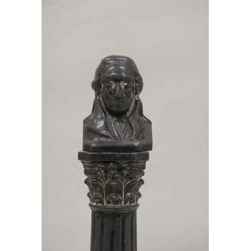 114 - A VICTORIAN PEWTER CORINTHIAN COLUMN CANDLESTICK WITH A 'NELSON' SNUFFER, HEIGHT 25CM