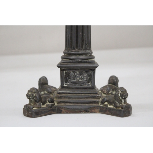 114 - A VICTORIAN PEWTER CORINTHIAN COLUMN CANDLESTICK WITH A 'NELSON' SNUFFER, HEIGHT 25CM