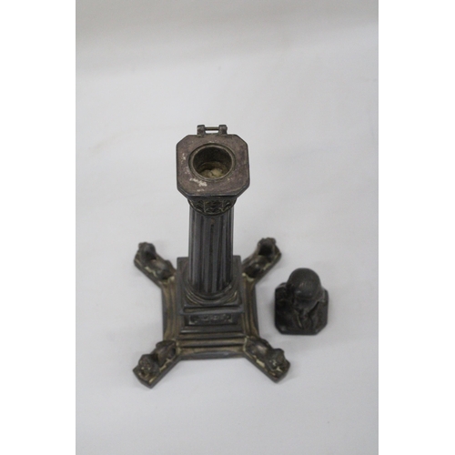 114 - A VICTORIAN PEWTER CORINTHIAN COLUMN CANDLESTICK WITH A 'NELSON' SNUFFER, HEIGHT 25CM