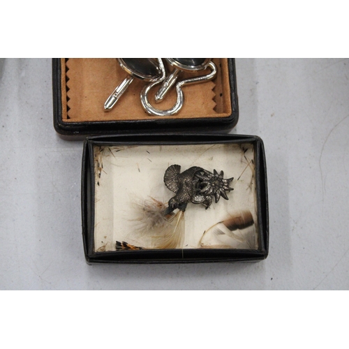 115 - A QUANTITY OF BOXED CUFFLINKS, STUDS PLUS A BIRD BROOCH