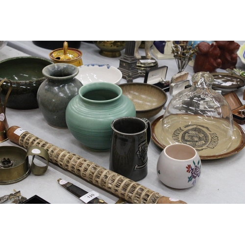 116 - A COLLECTION OF STUDIO POTTERY VASES AND BOWLS PLUS A CHEESE PLATE AND GLASS DOME