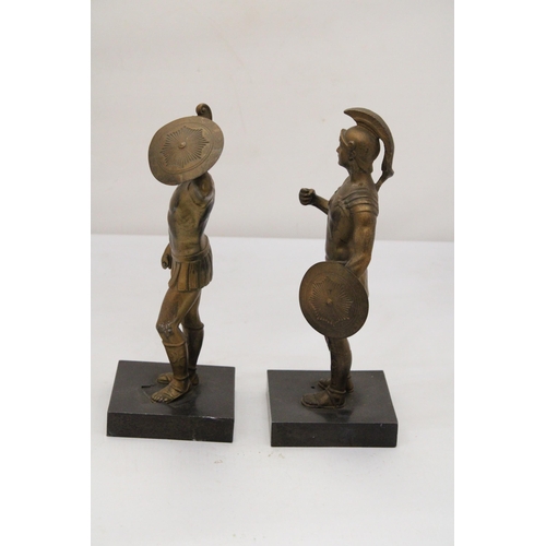 212 - TWO SPELTER GREEK WARRIORS ON METAL STANDS, HEIGHT 26CM