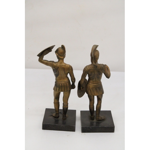 212 - TWO SPELTER GREEK WARRIORS ON METAL STANDS, HEIGHT 26CM