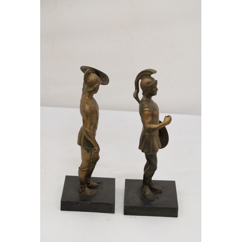 212 - TWO SPELTER GREEK WARRIORS ON METAL STANDS, HEIGHT 26CM