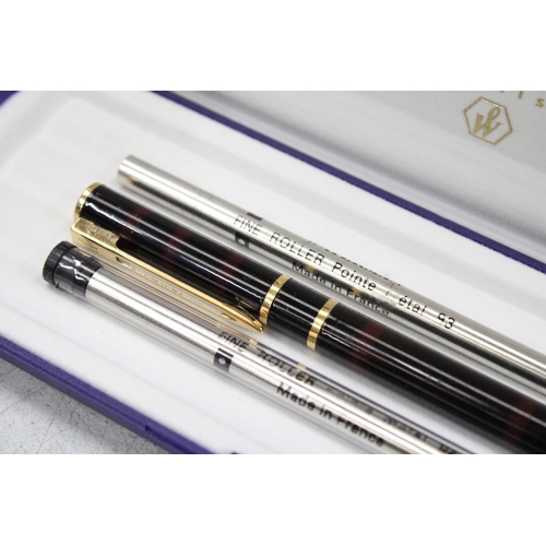 30 - A WATERMAN PARIS LAURENT BLACK FOUNTAIN PEN AND ROLLER BALL PEN SET BOTH CASED WITH REFILLS