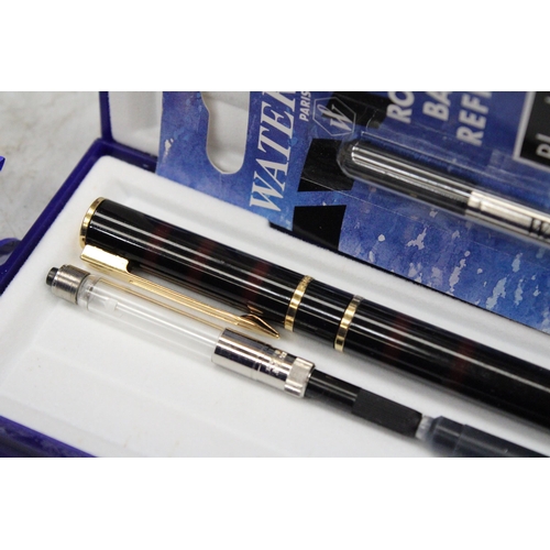 30 - A WATERMAN PARIS LAURENT BLACK FOUNTAIN PEN AND ROLLER BALL PEN SET BOTH CASED WITH REFILLS