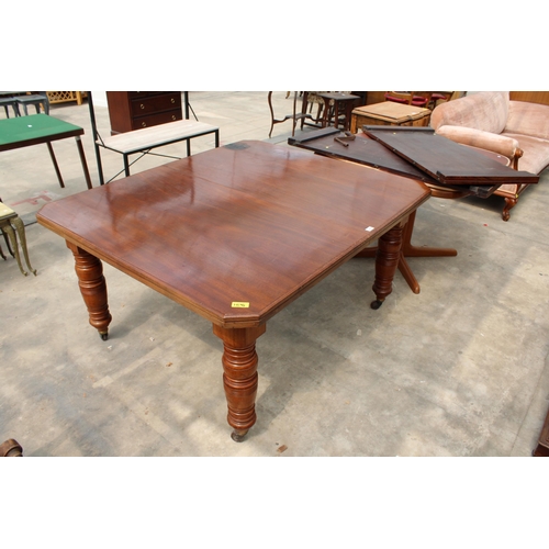 2828 - A LATE VICTORIAN MAHOGANY WIND-OUT DINING TABLE ON TURNED LEGS WITH CANTED CORNERS, 56