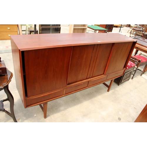 2831 - A RETRO TEAK SIDEBOARD ON OPEN BASE ENCLOSING FOUR DRAWERS AND FOUR SLIDING DOORS, 77