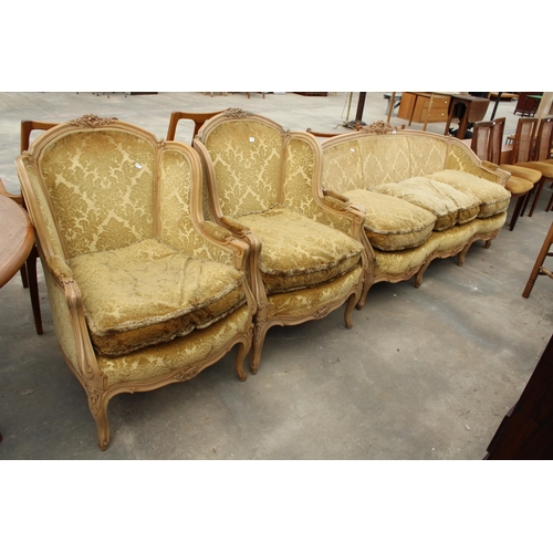 2836 - A CONTINENTAL 19TH CENTURY STYLE THREE PIECE LOUNGE SUITE WITH SWEPT ARMS AND FOLIATE CARVINGS