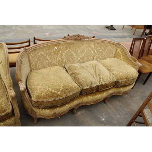 2836 - A CONTINENTAL 19TH CENTURY STYLE THREE PIECE LOUNGE SUITE WITH SWEPT ARMS AND FOLIATE CARVINGS