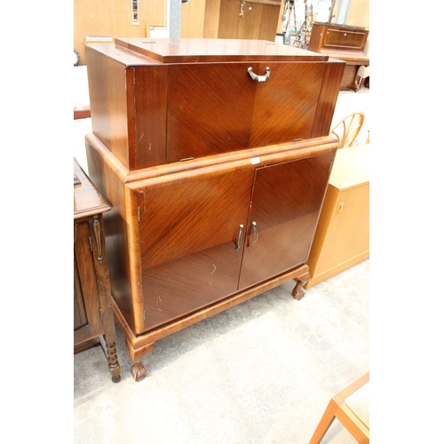 2846 - A MID 20TH CENTURY MAHOGANY COCKTAIL/RECORD CABINET WITH DROP-DOWN MIRRORED FRONT, SIX BOTTLE RACK A... 