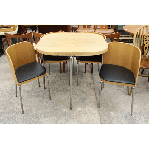 2854 - AN IKEA FUSION OAK STYLE SPACE SAVER DINING TABLE AND FOUR CHAIRS WITH FAUX BLACK LEATHER SEATS