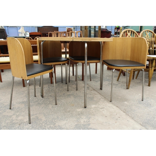 2854 - AN IKEA FUSION OAK STYLE SPACE SAVER DINING TABLE AND FOUR CHAIRS WITH FAUX BLACK LEATHER SEATS