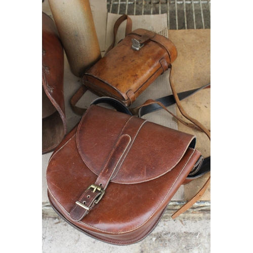 1554 - AN ASSORTMENT OF VINTAGE LEATHER ITEMS TO INCLUDE THREE LEATHER CASES AND A STONWARE BOTTLE ETC