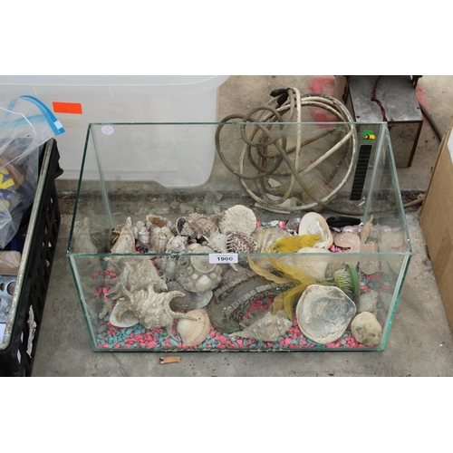 A FISH TANK WITH SHELLS AND ACCESSORIES