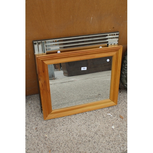 2886 - A PINE WALL MIRROR AND A STEPPED WALL MIRROR