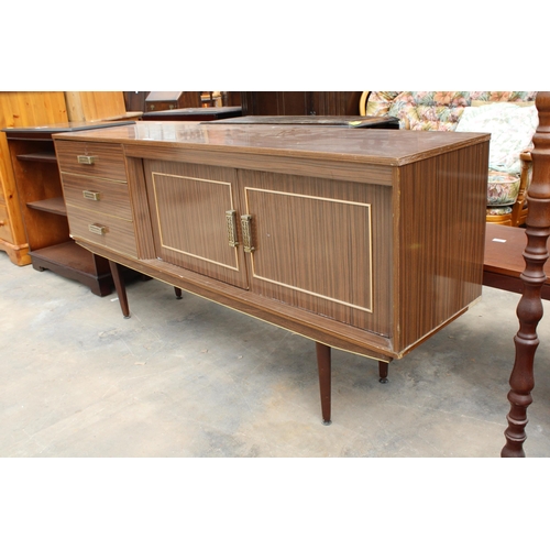 2904 - A RETRO WALNUT EFFECT SIDEBOARD ON TAPERING LEGS ENCLOSING THREE DRAWERS AND TWO CUPBOARDS, 66