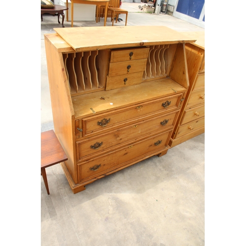 2918 - A PINE BUREAU WITH THREE DRAWERS TO BASE, 38