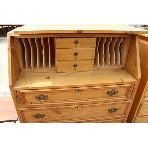 2918 - A PINE BUREAU WITH THREE DRAWERS TO BASE, 38