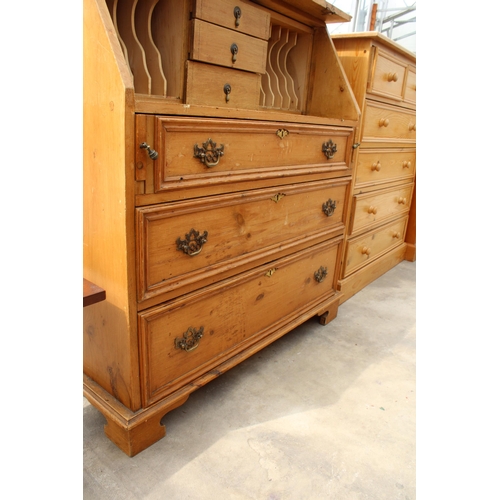 2918 - A PINE BUREAU WITH THREE DRAWERS TO BASE, 38