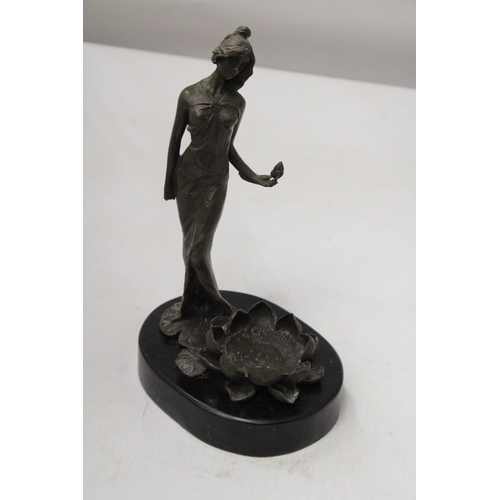 57 - A BRONZE ART NOVEAU SCULPTURE OF A LADY WITH LOTUS FLOWER ON A MARBLE BASE SIGNED MILO