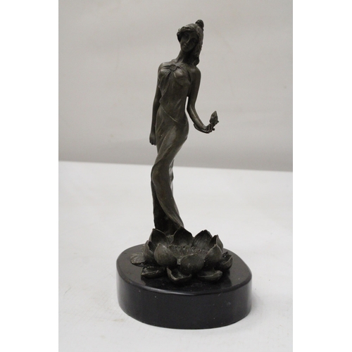 57 - A BRONZE ART NOVEAU SCULPTURE OF A LADY WITH LOTUS FLOWER ON A MARBLE BASE SIGNED MILO