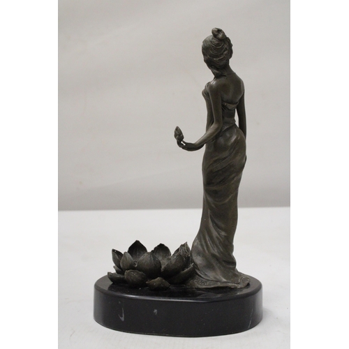 57 - A BRONZE ART NOVEAU SCULPTURE OF A LADY WITH LOTUS FLOWER ON A MARBLE BASE SIGNED MILO