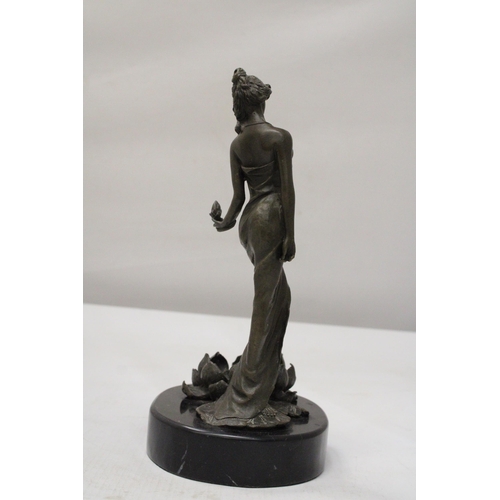 57 - A BRONZE ART NOVEAU SCULPTURE OF A LADY WITH LOTUS FLOWER ON A MARBLE BASE SIGNED MILO