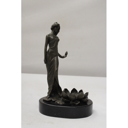 57 - A BRONZE ART NOVEAU SCULPTURE OF A LADY WITH LOTUS FLOWER ON A MARBLE BASE SIGNED MILO