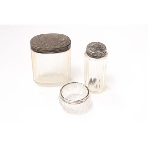 8 - TWO HALLMARKED SILVER DRESSING TABLE VANITY POTS TOGETHER WITH A HALLMARKED SILVER MUSTARD POT