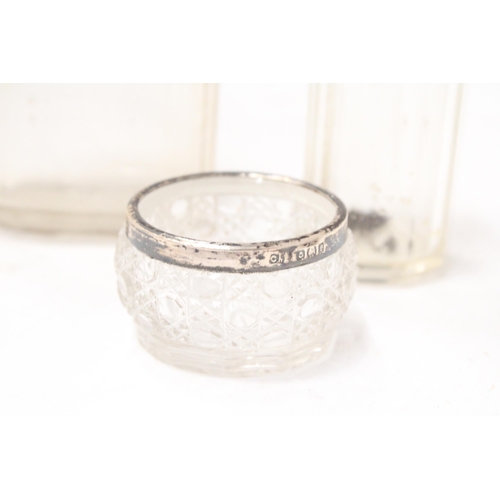 8 - TWO HALLMARKED SILVER DRESSING TABLE VANITY POTS TOGETHER WITH A HALLMARKED SILVER MUSTARD POT