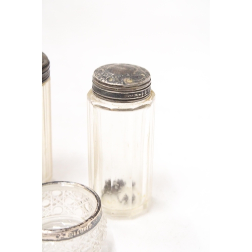 8 - TWO HALLMARKED SILVER DRESSING TABLE VANITY POTS TOGETHER WITH A HALLMARKED SILVER MUSTARD POT