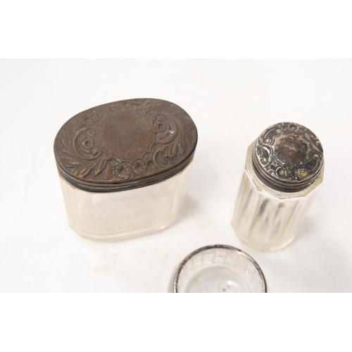 8 - TWO HALLMARKED SILVER DRESSING TABLE VANITY POTS TOGETHER WITH A HALLMARKED SILVER MUSTARD POT