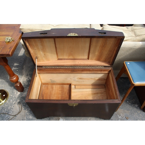 2950 - A CAMPHOR WOOD ORIENTAL BLANKET CHEST WITH CARVED PANEL TOP DEPICTING A JUNK, 36