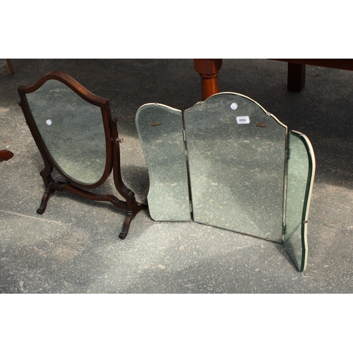 2952 - A SHIELD SHAPED SWING FRAME DRESSING MIRROR AND LATER TRIPLE MIRROR